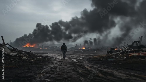 A lone figure walks through a smoky, devastated landscape.