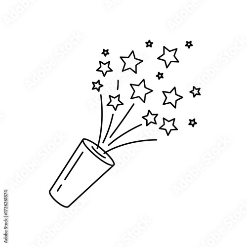 Festive celebration with a party popper releasing a burst of stars in a delightful illustration, perfect for event graphics and joyous occasions