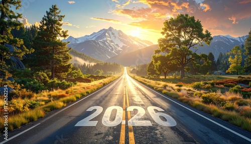 Railway track stretches into horizon—sunset sky ablaze with blue, orange, purple—crane truck on road, desert and mountains beyond—“2026” floats above—evokes crafted progress, symbolic journey, and the