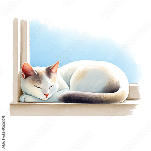 Sleeping cat rests peacefully on a sunlit windowsill enjoying a nap.