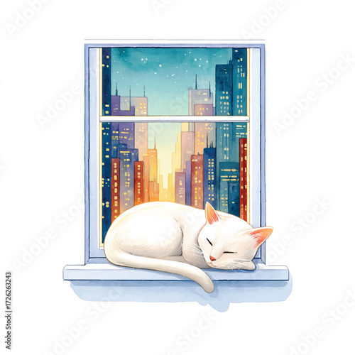 Sleeping white cat resting on windowsill with city view watercolor painting.