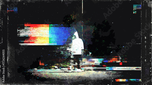 Individual walking in glitchy digital environment at night  