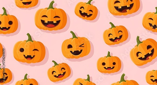 Seamless pattern of cute Halloween pumpkins with different facial expressions on a pink background.