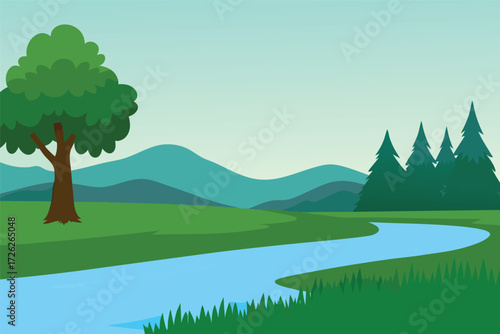 A peaceful landscape featuring a winding river trees and distant mountains