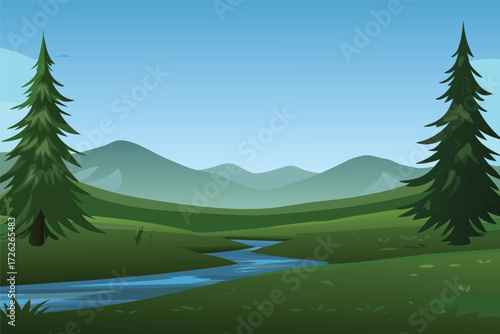 A peaceful landscape featuring green hills tall trees and a winding stream