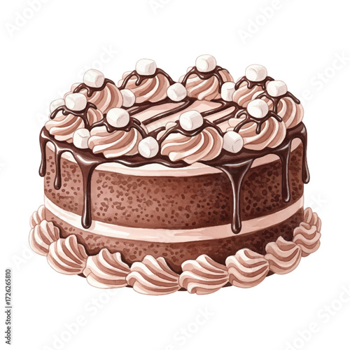 Watercolor vector illustration of hot chocolate cake with cream and decoration on white background, gourmet dessert clipart
