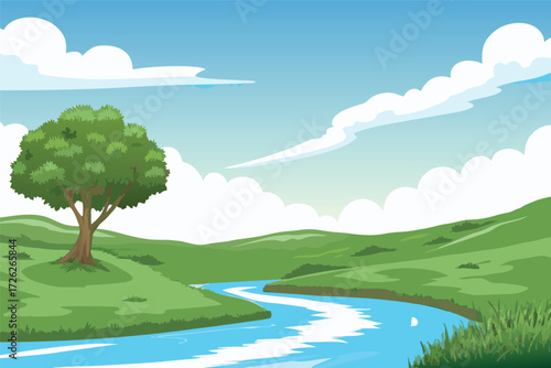 A peaceful landscape featuring a green tree river and bright blue sky