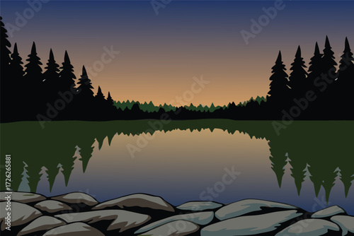 Serene forest landscape with a still lake reflecting the evening sky