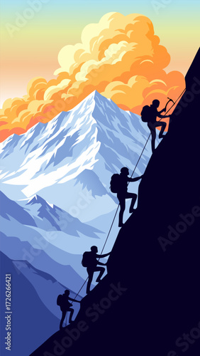 Silhouettes of determined mountaineers ascend a formidable, snow-capped peak towards a vibrant, cloud-filled sky, embodying teamwork and perseverance in an epic alpine adventure at dawn or dusk