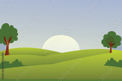 A simple cartoon landscape featuring green hills trees and a bright sun