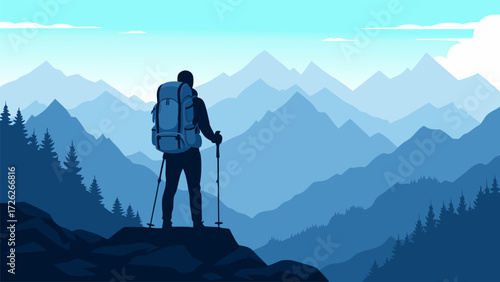 Silhouette of a hiker standing on a cliff edge, gazing at a vast mountain range, blue sky and atmosphere in the background