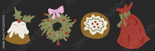 Christmas chalk collection. Santa sack full of gifts, Xmas cake with holly berries, festive wreath with ribbon, gingerbread cookie. Crayon textured naive cute style. Vector kids illustration isolated.