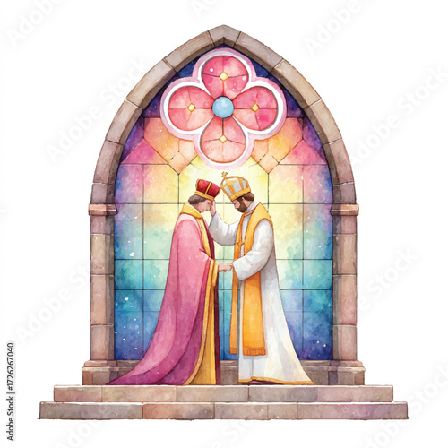 Two individuals in medieval attire stand before a vibrant stained glass window in a gothic archway.