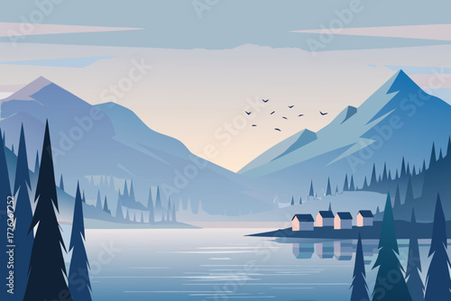 Serene landscape with mountains lake small cabins and birds in flight