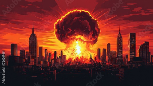 Post - Apocalyptic Cityscape with Nuclear Explosion and Sunset