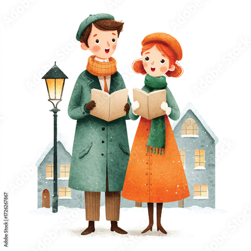 Two carolers singing Christmas songs outdoors in a festive winter scene.