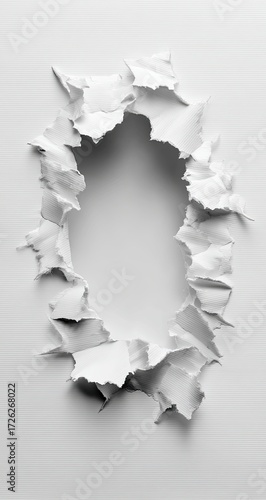 Oval hole ripped in white paper, ragged edges, monochrome, textured