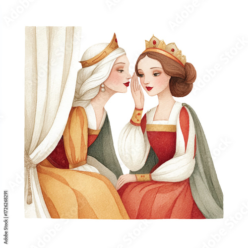 Two regal women whispering secrets in a royal setting.