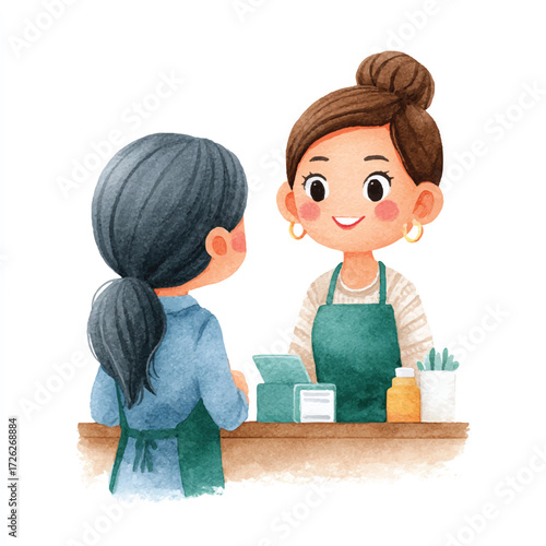 Two Women Engaging in Conversation Behind a Counter.