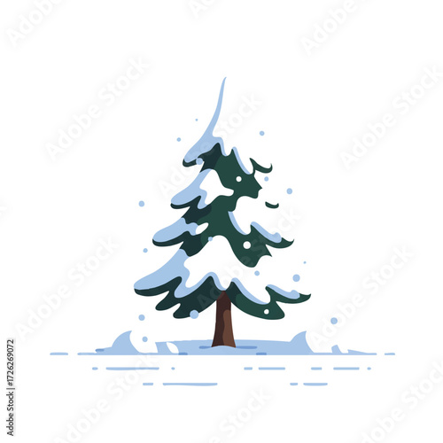 A vibrant flat 2D vector illustration showcases a stylized snow-covered fir tree standing alone in a pristine snowy field with gentle snowdrifts, all presented with clean outlines.