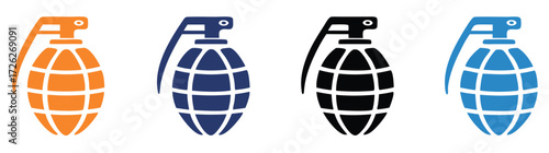 Dynamic grenade icons in vibrant orange, blue, black, and electric blue, symbolizing danger, conflict, and impact for modern design needs. 