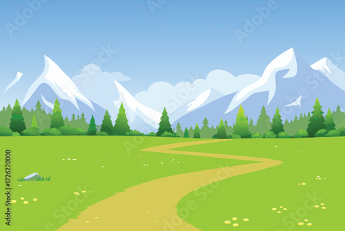 A winding path leads through a green meadow to distant mountains