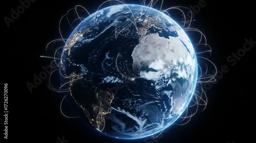 A digital globe showcasing global connections and illuminated cities.