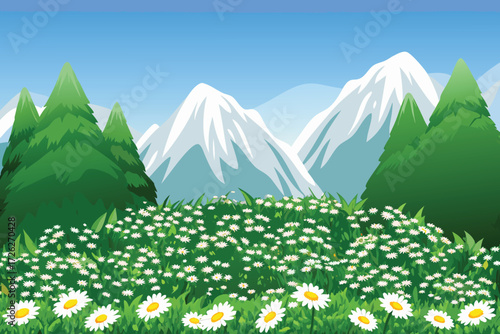 A vibrant meadow of wildflowers blooms before majestic snow capped mountains
