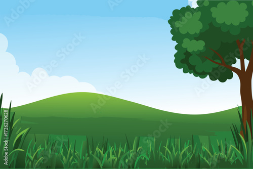 A peaceful landscape featuring a green hill tree and blue sky