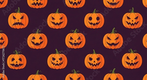 Seamless pattern of festive Halloween jack-o-lanterns with various spooky, happy, and funny carved faces on a dark purple background, perfect for holiday wrapping paper or textile prints