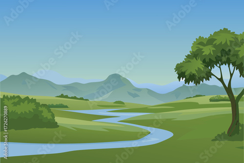 A serene landscape featuring rolling hills a winding river and lush greenery