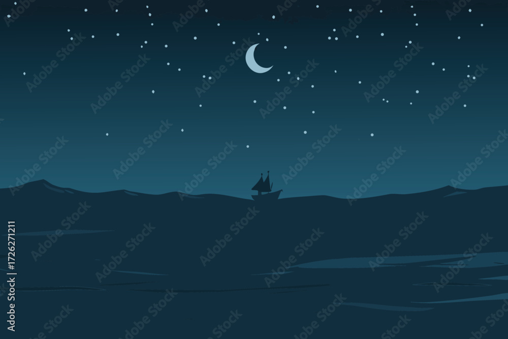 Fototapeta premium A dark navy silhouette of a ship sailing under a crescent moon