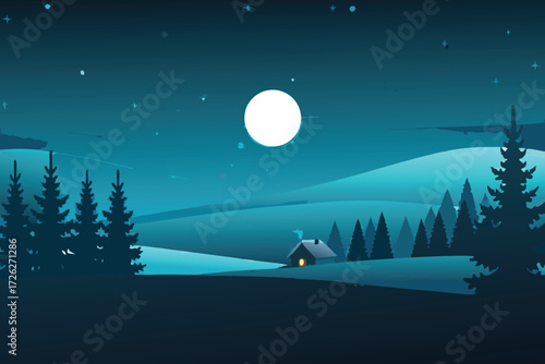 A cozy cabin nestled in a snowy landscape under a bright moon