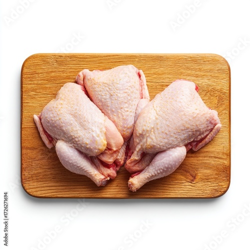 Three raw Cornish hens arranged on a light-brown wooden cutting board, viewed from directly overhead against a white background