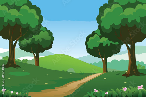 A peaceful landscape featuring lush green trees and a winding pathway