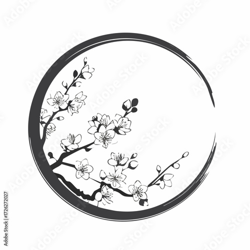 円形フレームと桜の墨絵風白黒ベクター素材