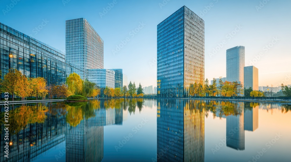 Naklejka premium Modern office buildings with glass facades and reflective water feature.