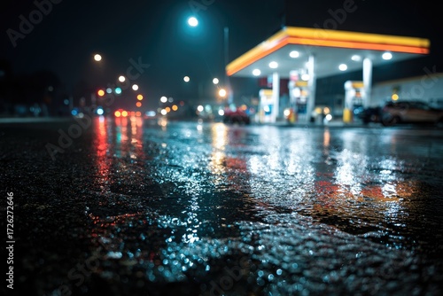 Rainy night at a gas station, reflections shimmering on wet asphalt, blurred city lights in the background