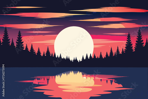 Dramatic sunset over still water and silhouetted evergreen trees at dusk
