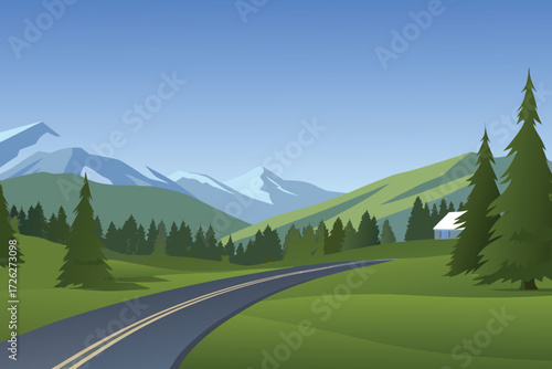 A winding road leads towards a picturesque mountain landscape scene