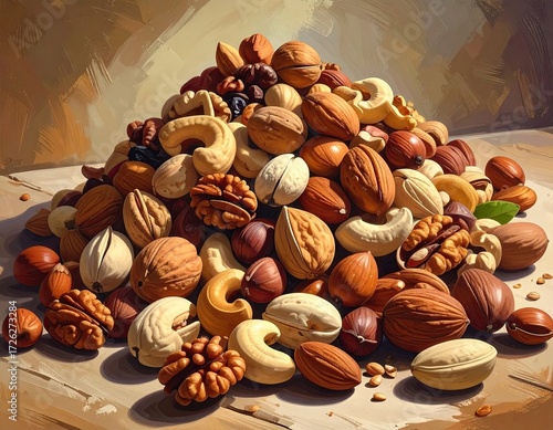 Assorted Nuts Still Life on Wooden Surface