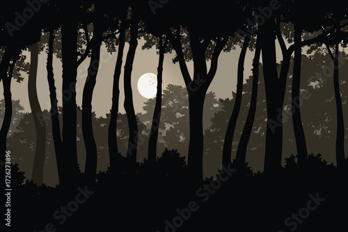 Silhouetted trees against a muted sky with a full moon glowing brightly