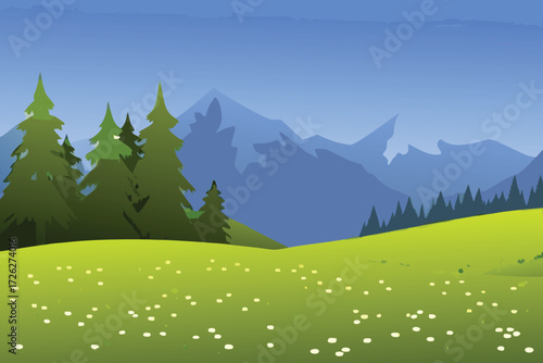A vibrant landscape featuring green hills pine trees and distant mountains