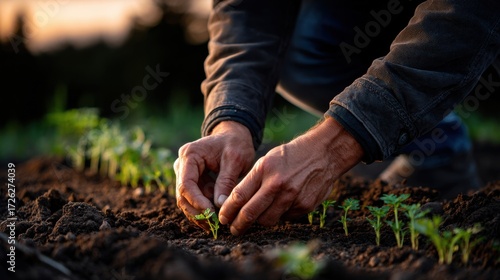 Dedicated Gardener Planting New Life into Rich Soil Under Clear Blue Sky Surrounded by Lush Greenery Creating a Vibrant and Peaceful Atmosphere