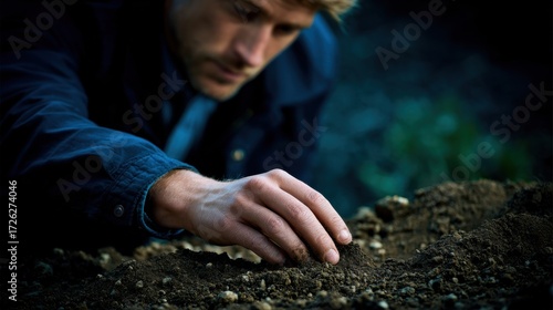 Dedicated Man Digging in Soil with Focused Determination Under Clear Blue Sky in a Natural Setting Highlighting Effort and Connection to Earth