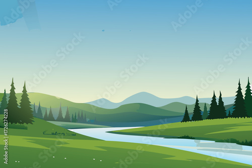 Scenic landscape with rolling green hills river and distant mountains
