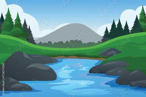 A peaceful landscape featuring a winding river and distant mountains