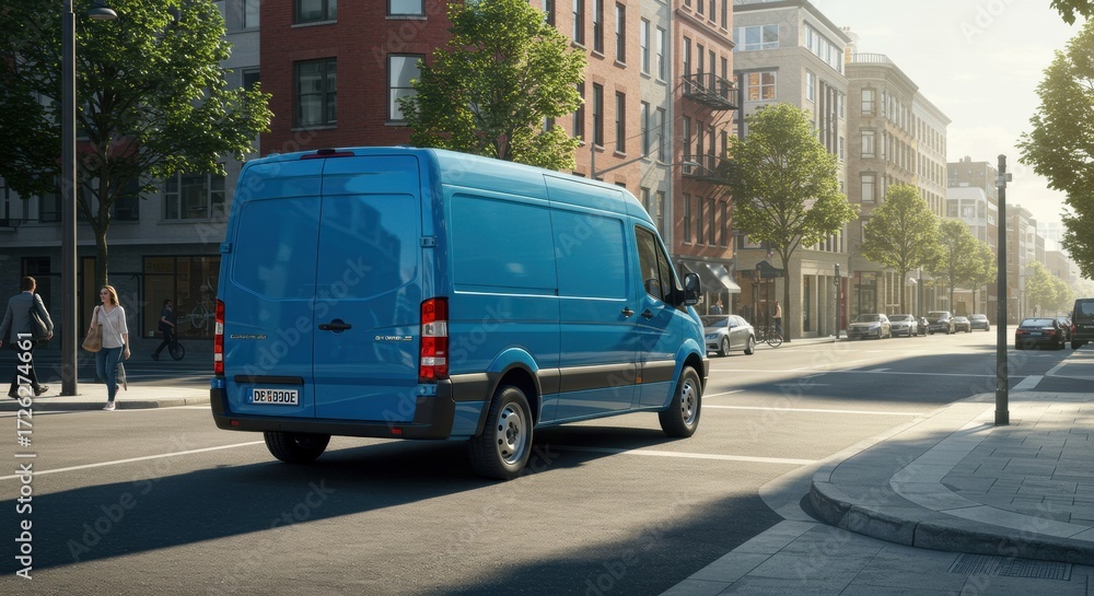Obraz premium Delivery van in urban setting city traffic scene outdoor daytime modern transport concept