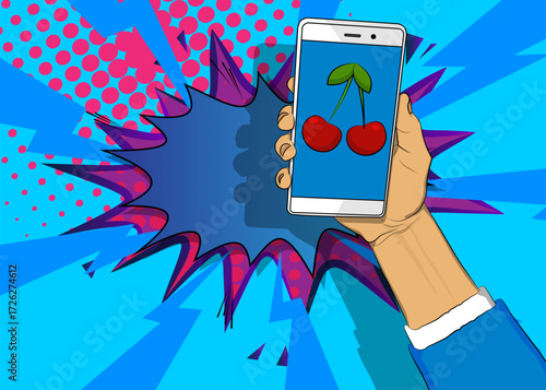 Cartoon Smartphone, comic book Telephone with Cherry. Retro vector comics pop art design.