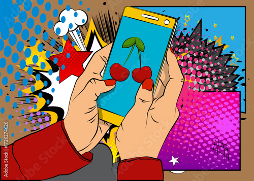 Cartoon Smartphone, comic book Telephone with Cherry. Retro vector comics pop art design.